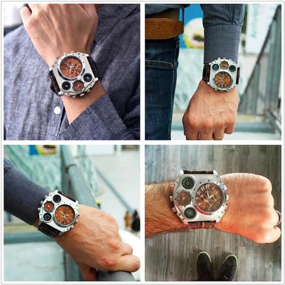 Mens Big Face Watch, Dual Time Zone Leather Strap Sport Watch, Analog Quartz - Picture 5 of 6